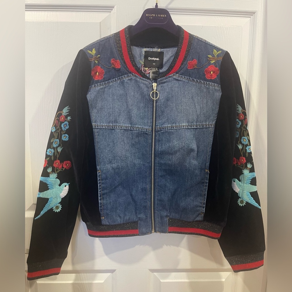 NEW📍Desigual Tottori  Embroidered Bomber Jacket velvet & Denim 40 medium - Picture 6 of 16